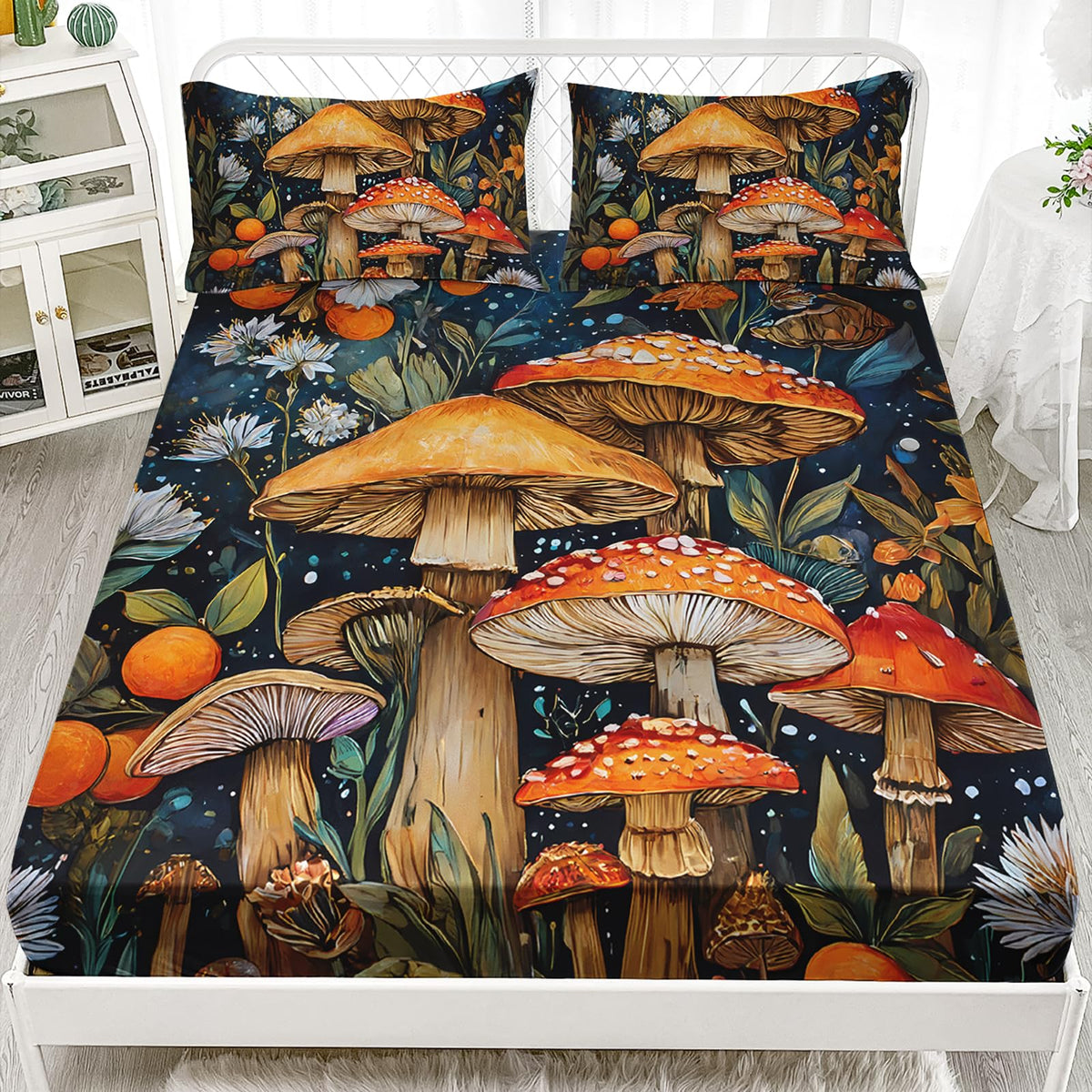 AILONEN Girls Cartoon Mushroom Fitted Sheet Set Twin Size - Nature Wild Fungus Fitted Sheet + 2 Pillowcases - Beautiful Mushroom Botanical Flowers Sheets Set 3-Piece