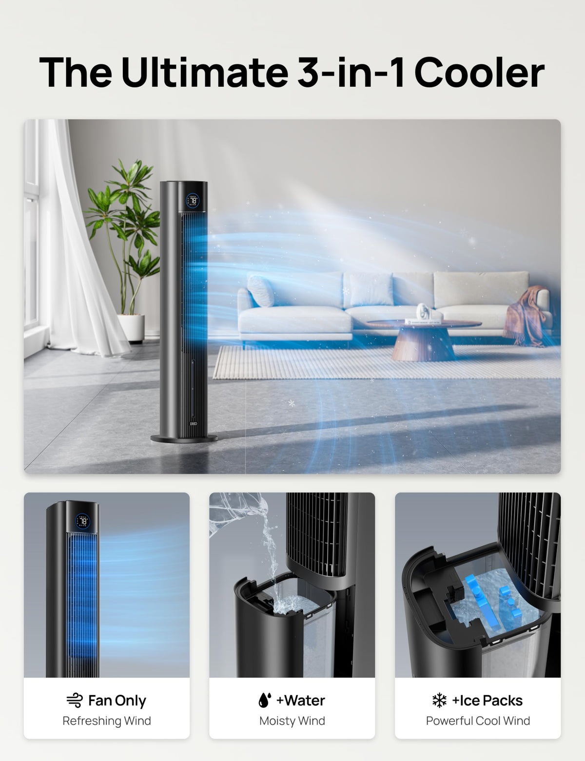 DREO Evaporative Air Swamp Cooler, 43" Cooling Fans that Blow Cold Air 2025 Upgraded, 85° Oscillating Floor Fan for Bedroom, Easy Cleaning, APP Control, Ice Packs, 4 Speeds & 4 Modes, 12H Timer, Black