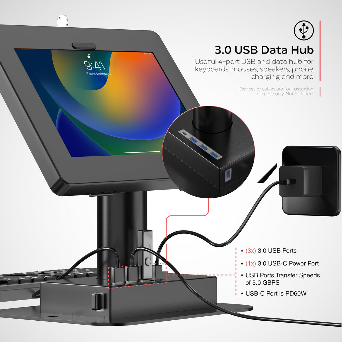 CTA Digital Integrated USB 3.0 Hub Desk Mount with Universal Security Enclosure for iPad 11 (A16) - Pro 11-inch M4 - Air 11-inch M3- iPad 10th Gen - Galaxy Tab & More Tablets - Black - (PAD-QRUSBKB)
