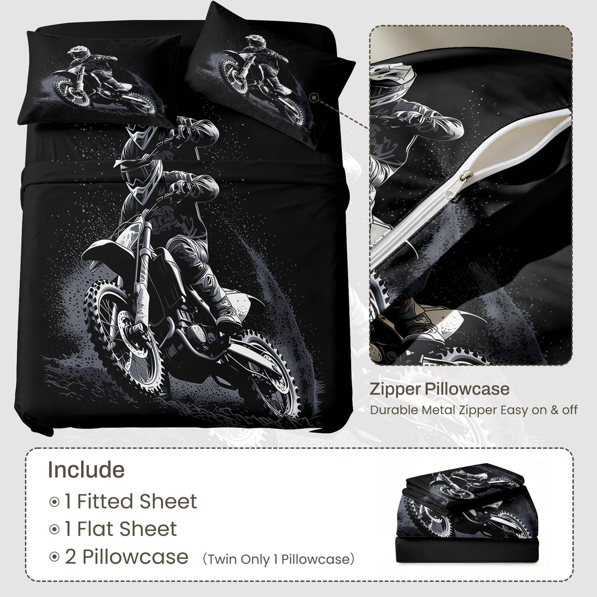 Motocross Queen Sheet Set Dirt Bike Flat Fitted Sheet Sets, Gray Black