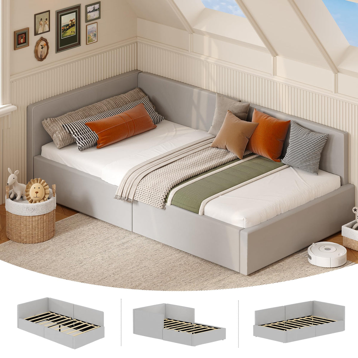 GarveeHome Twin Daybed with Bed Rails, Velvet Upholstered Corner Bed Frame with Headboard, Modern Kids Bed with Guardrail for Living Room, Bedroom, Easy Assembly, Light Grey