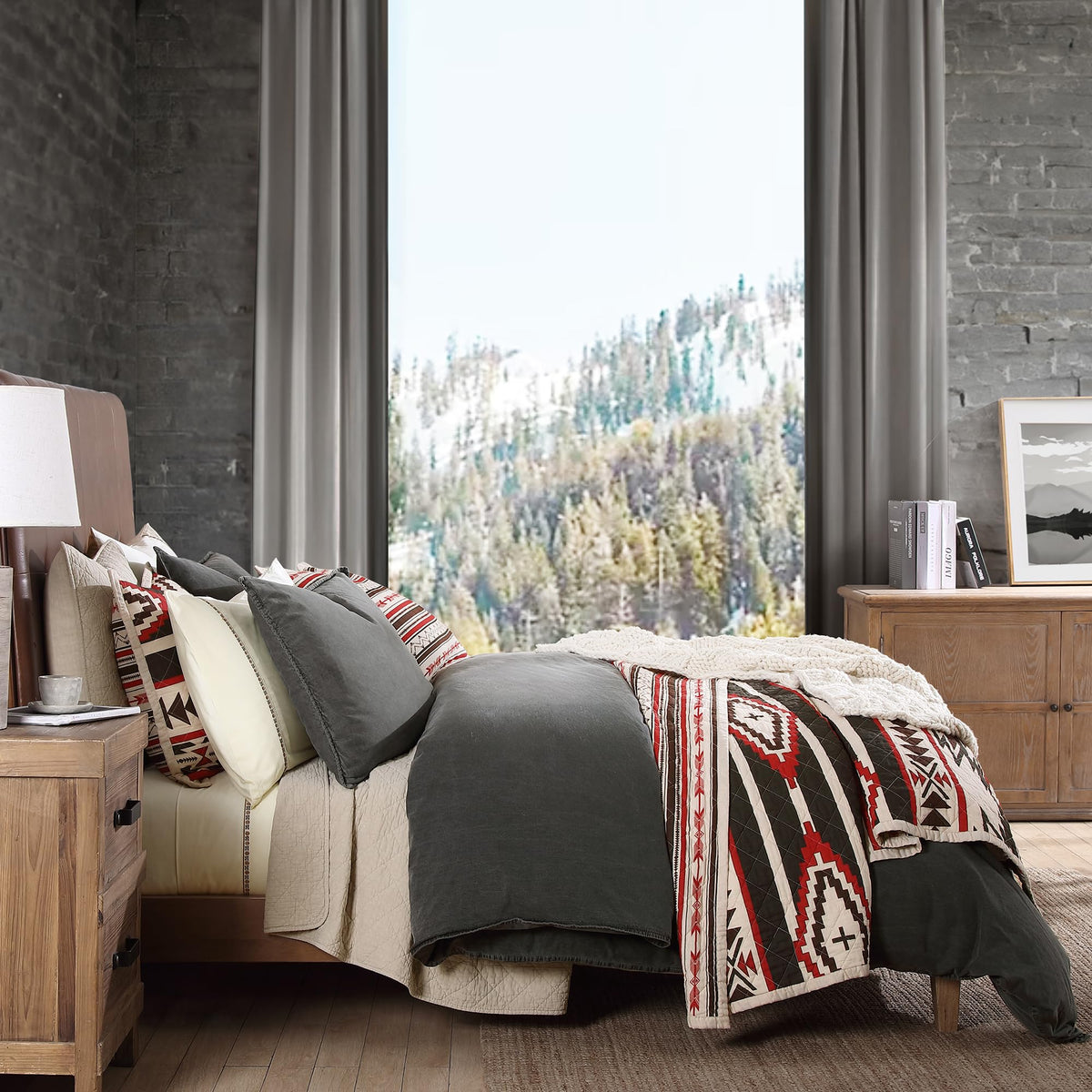 Paseo Road Cortez Western Bedding 3 Piece Quilt Set with Pillow Shams, King Aztec Bedding Set, White Red Gray Tribal Southwestern Bedding, Geometric Pattern Cotton Reversible Bed Set