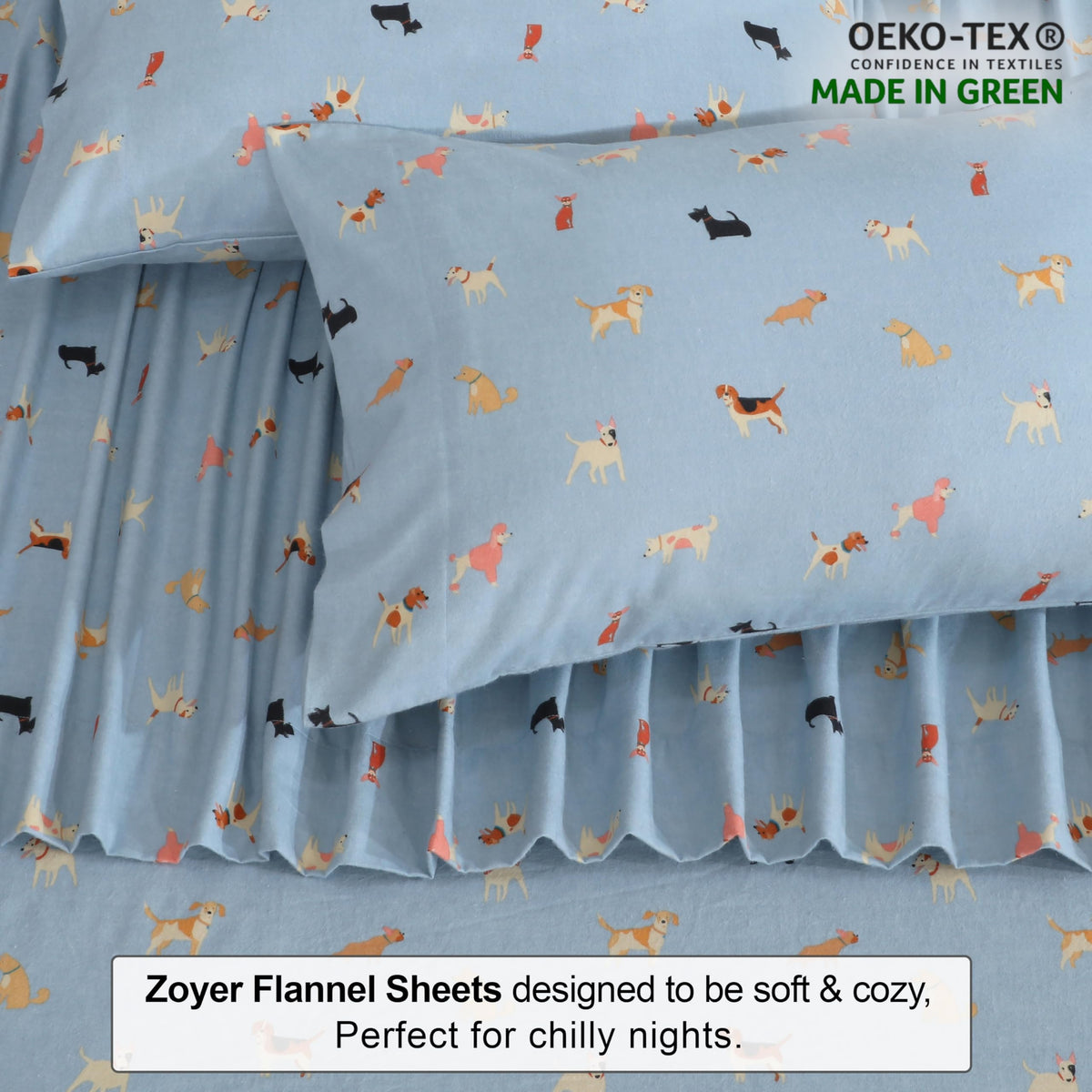 ZOYER Flannel Sheets Queen Size - 100% Cotton Double Brushed Bed Sheets, Deep Pockets 16 Inches Queen Sheet Set, All Seasons Breathable & Extra Soft - Warm & Cozy, 4 Piece, Puppy Pub