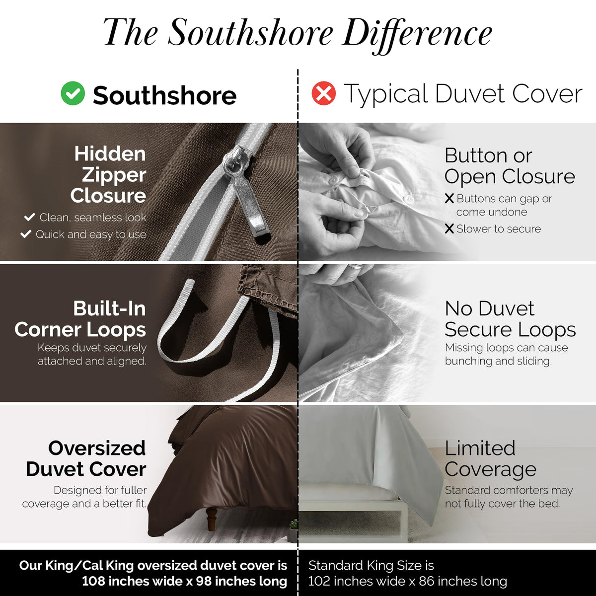 Southshore Fine Living, Inc. Oversized California King Duvet Cover Set - Hotel Quality Brown Duvet Cover King Size - Pet Hair Resistant Bedding - Zipper Closure, 2 Pillow Shams - Chocolate Brown