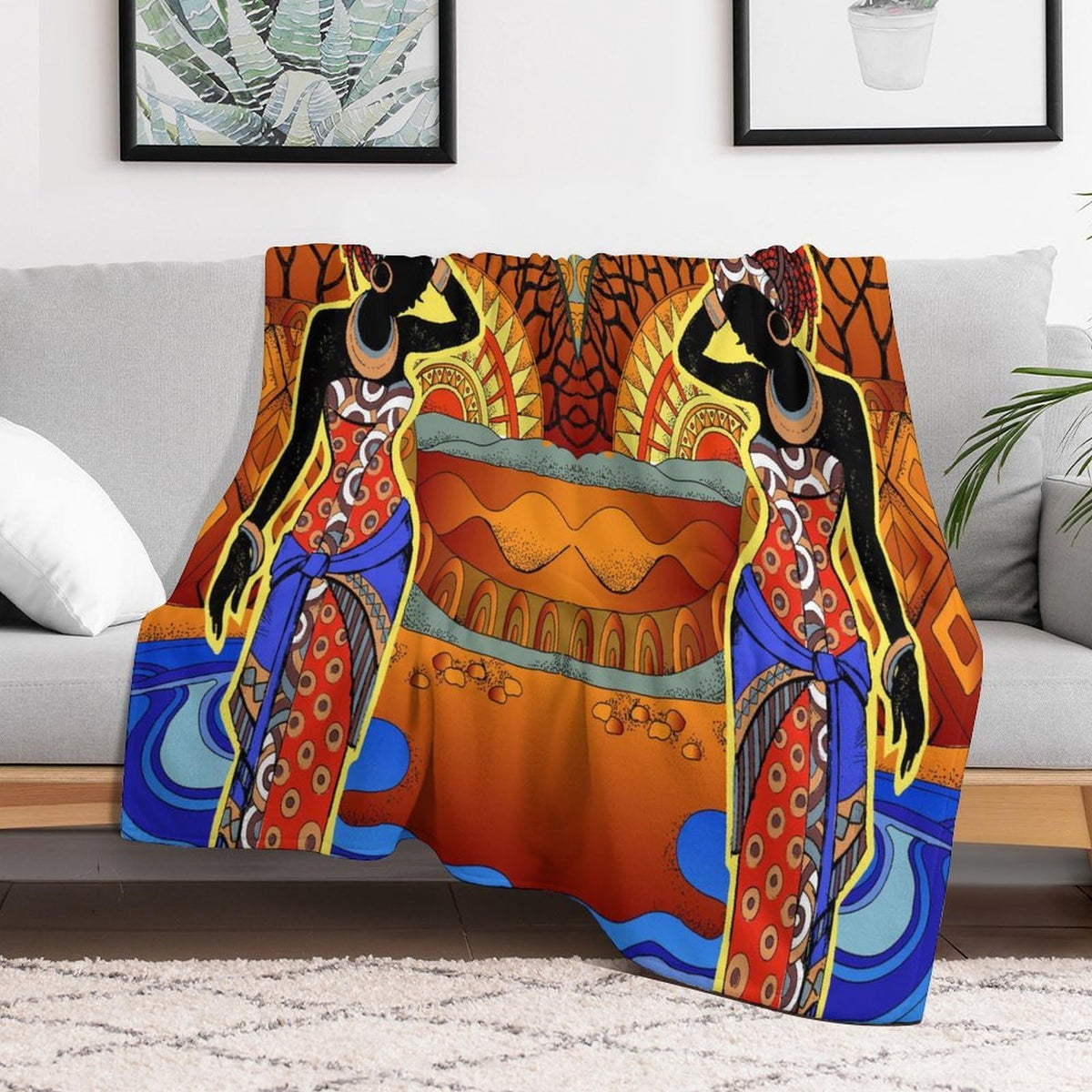 ZhiRain African Women Throw Blanket Southern Landscape Hand Drawn Black Woman Tribal Ethnic Pattern Blanket for Sofa Bed Couch Chair Or Dorm 50"x60"