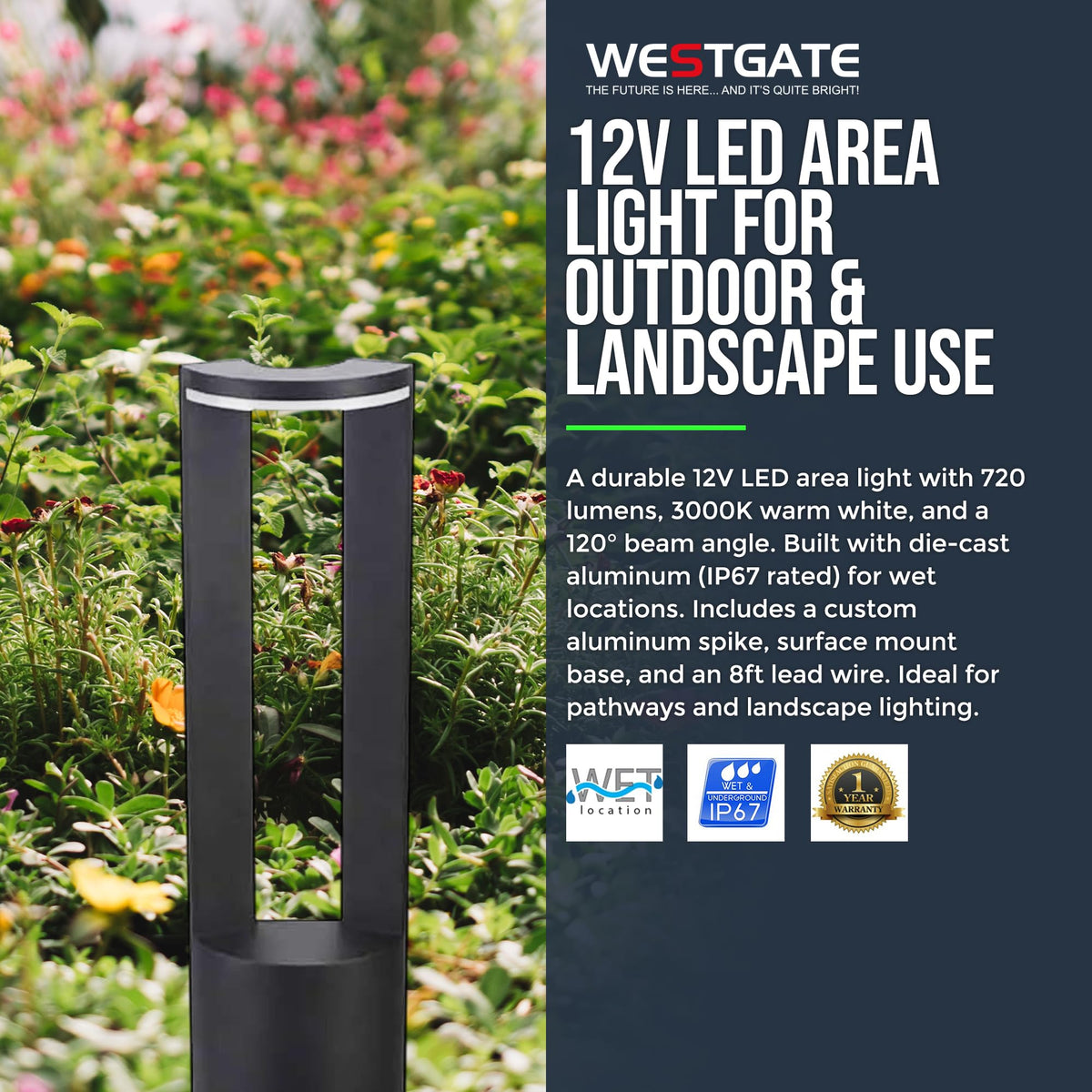 Westgate 12V LED Opera Path Light, Outdoor Landscape Lighting for Garden, Walkway, & Driveway, Waterproof Die-Cast Aluminum, 10W Outdoor Pathway Light, Corded Electric, 22.83" Lx3.15 Wx6.3 H, Black