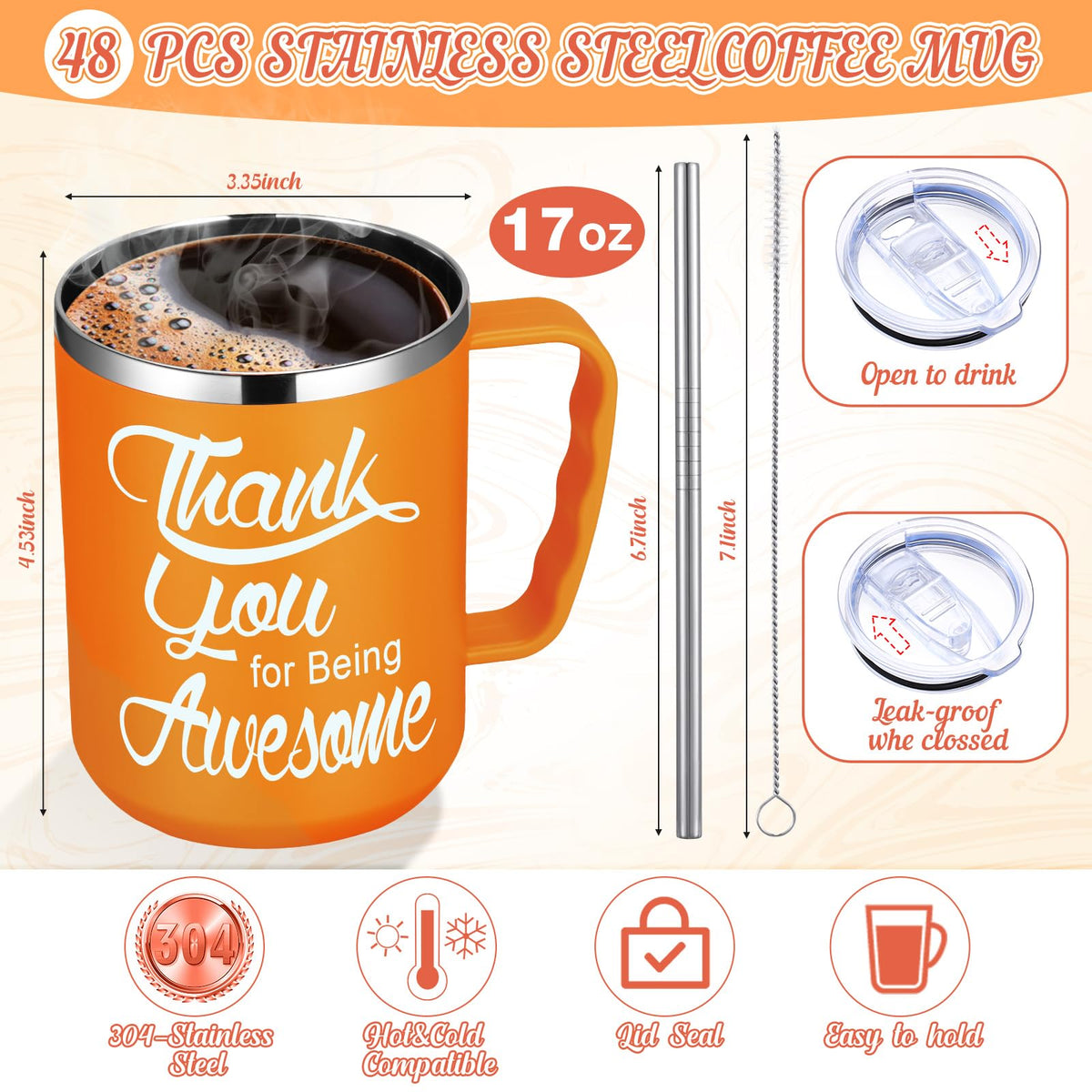 Umigy 48 Pcs Employee Appreciation Coffee Mug Gift Bulk Thank You 17oz Drinking Cup Stainless Steel Insulated Travel Tumbler Graduation Inspirational Gift for Coworker Staff Nurse Teacher Team