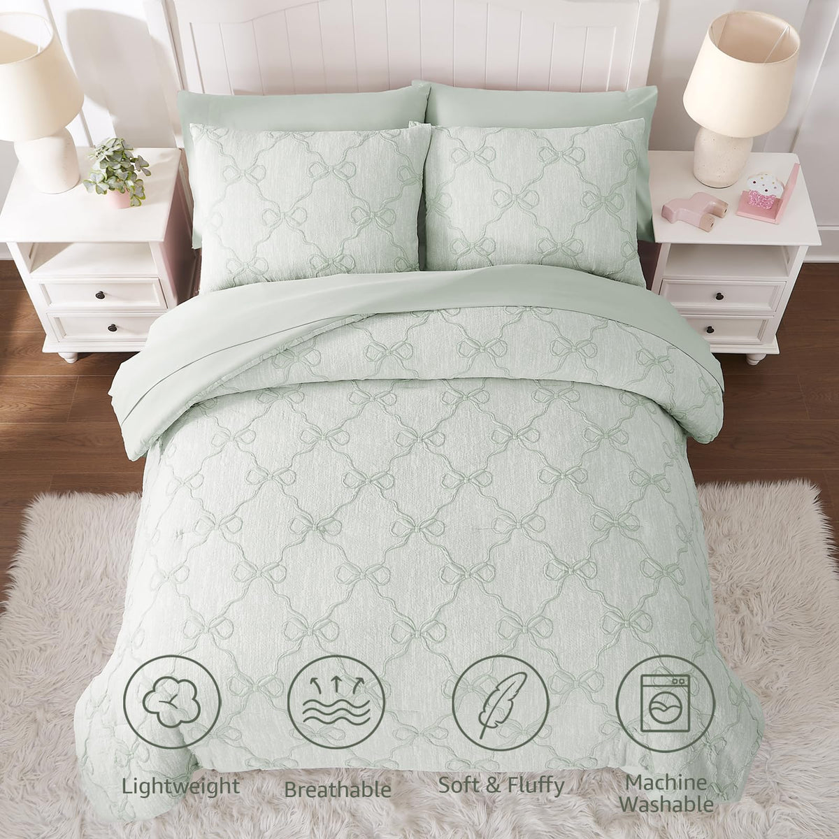 Wink Deer Twin Comforter Set with Sheets for Girls-5 Pieces Twin Bedding Sets with Light Green Comforter, Sheets, Pillowcase & Sham for Kids (Green Diamond, 66" X 86")