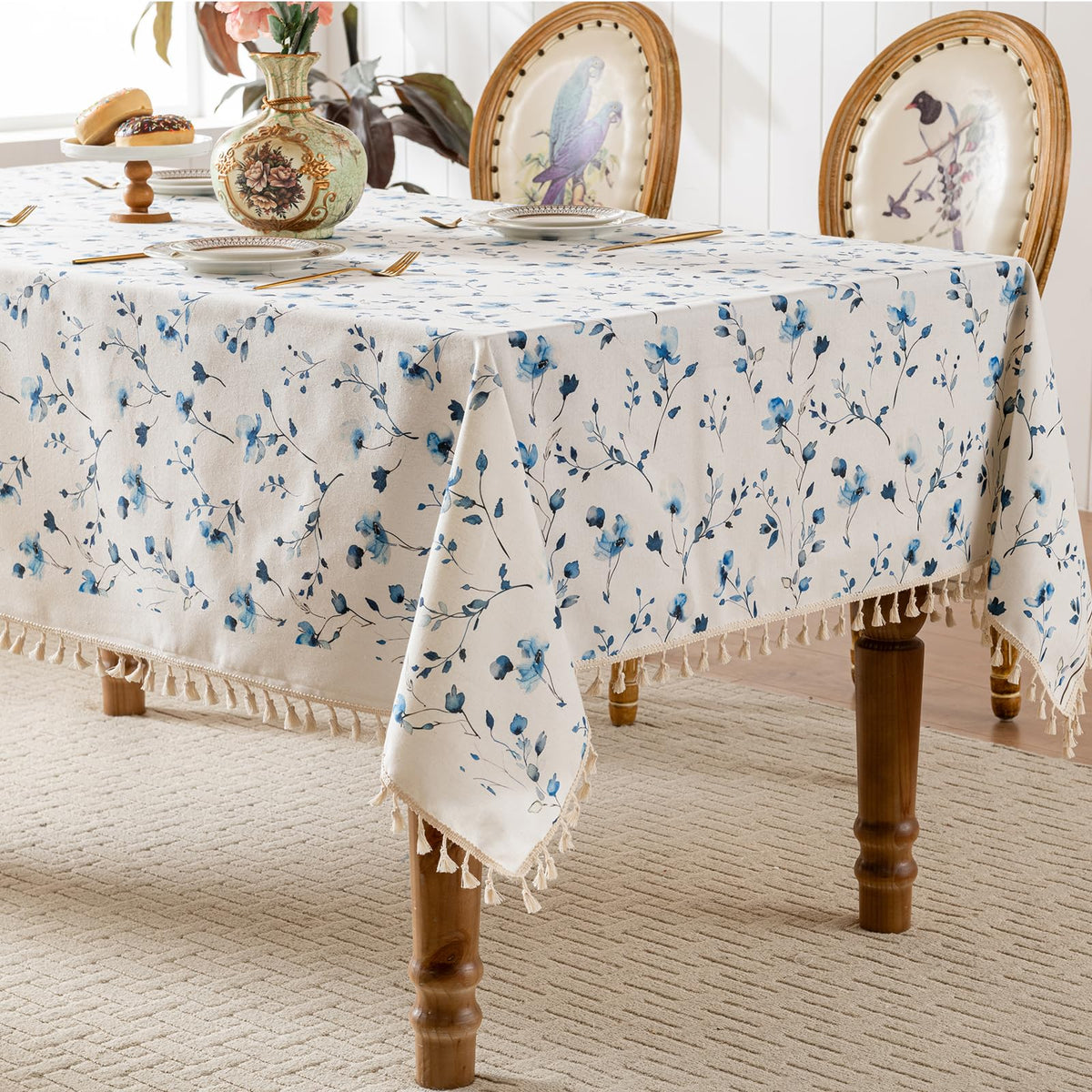HOMLOVE Tablecloth Pastoral Style, Waterproof & Stain Resistant Table Cloth Wrinkle Free Table Cover for Dining/Kitchen/Patio, Washable Indoor & Outdoor Use (Blue Flower, Round 55"x55")