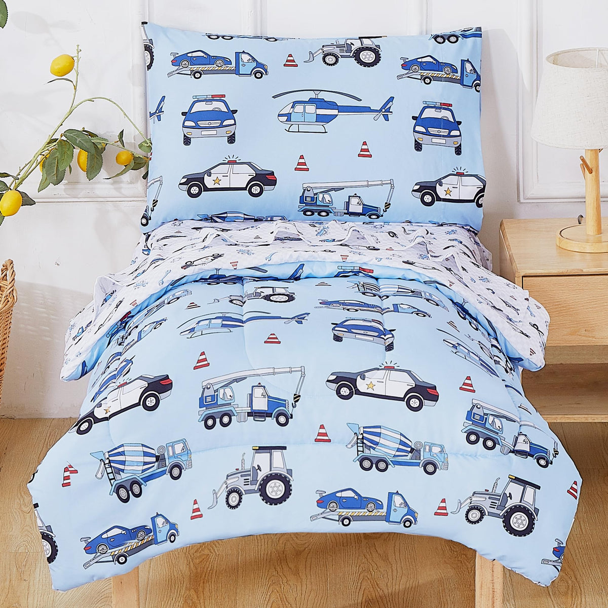 Mooreeke 4 Pieces Toddler Bedding Set - Blue Cool Police Car Plane Toddler Comforter Sets for Boys, Includes Comforter, Flat Sheet, Fitted Sheet and Pillowcase, Bed in A Bag for Baby Bedroom