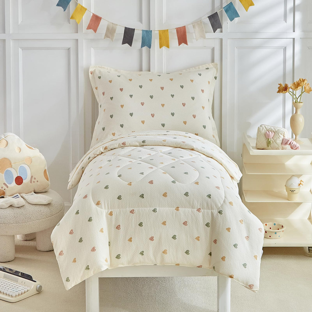 DuShow White Star Toddler Bedding Set,4 Pieces Reversible Toddler Comforter Set,Ultra Soft Crib Bed Set for Girls and Boys,Including Comforter,Sheets and Pillowcase