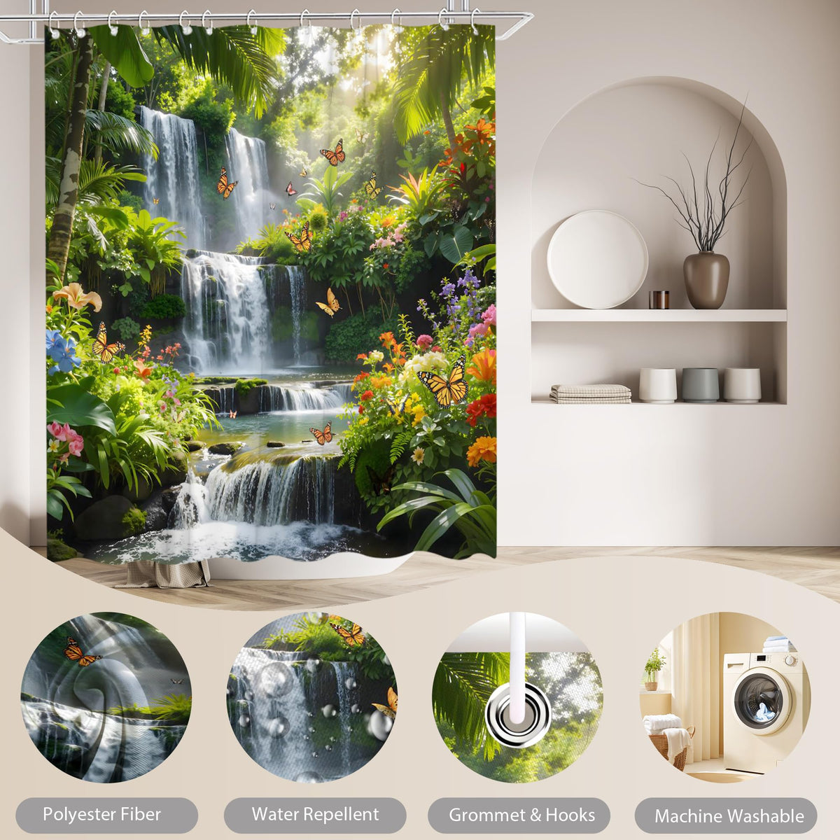 Forest Waterfall Shower Curtain Fantasty Spring Garden Flowers Butterflies Green Plants Streams Sunshine Rustic Natural Scenery Bathroom Decor Polyester Fabric Curtains with Hooks 70" W X 70" L