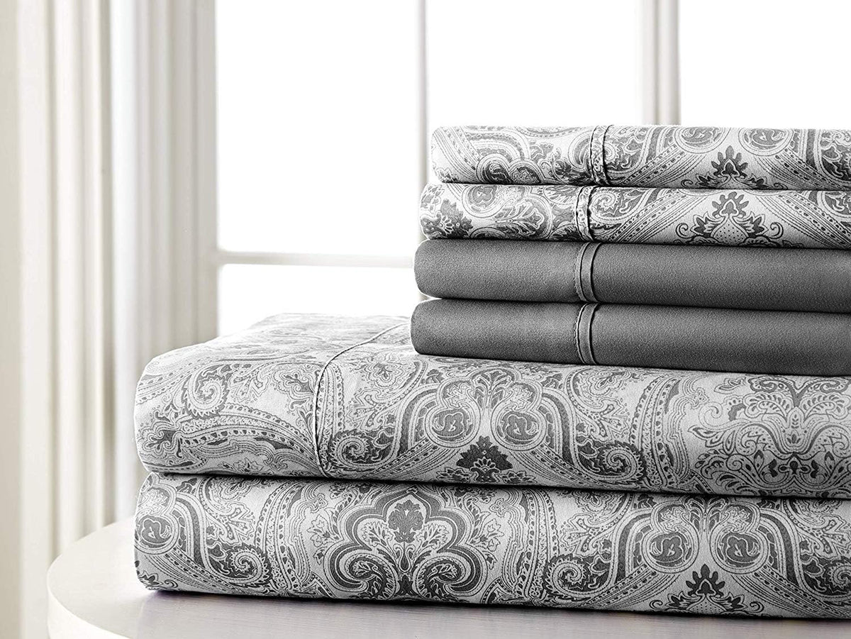 Spirit Linen home 6-Piece Twin Size Bed Sheet Set - Deep Pocket, Paisley Pattern, Soft and Breathable Bed Sheets, Microfiber Material, Includes 1 Fitted, 1 Flat, 4 Pillowcases - Dark Grey Paisley