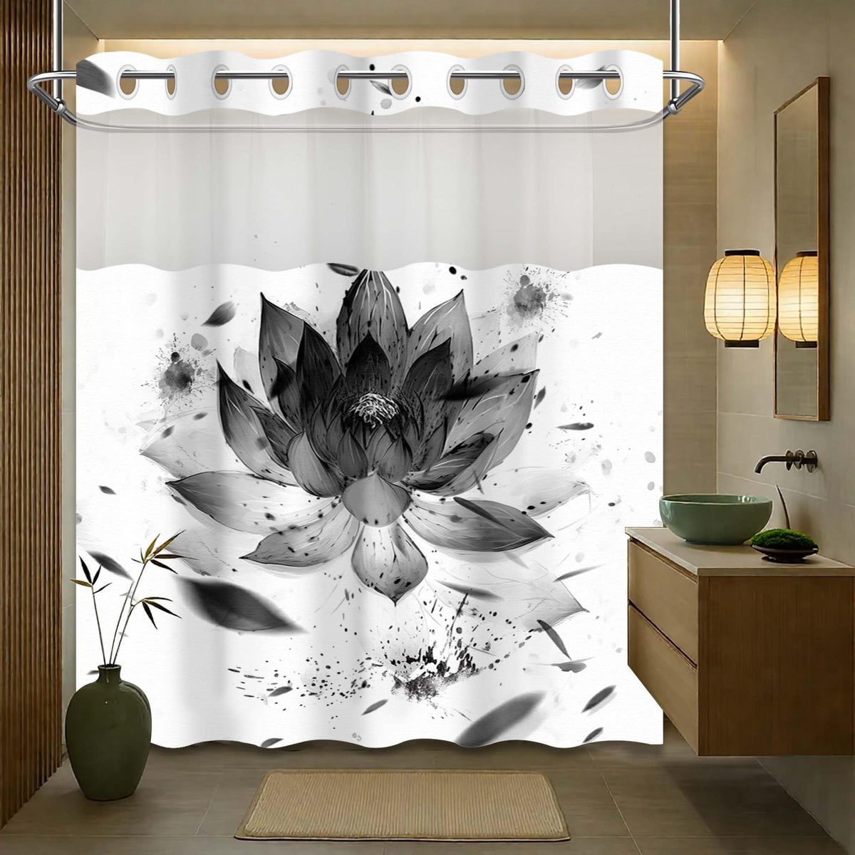 Yieldee Lotus Hookless Shower Curtain with Snap in Liner, Black and White