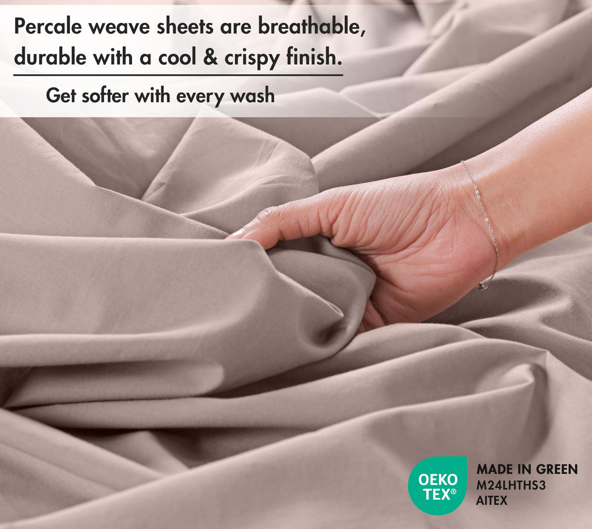 RUVANTI 100% Cotton Percale Sheets Full Size – Crisp Cooling Bed Sheets for Hot Sleepers, Deep Pocket 16”, Soft Breathable & Durable Hotel-Style 4 Piece Set, Warm Mocha