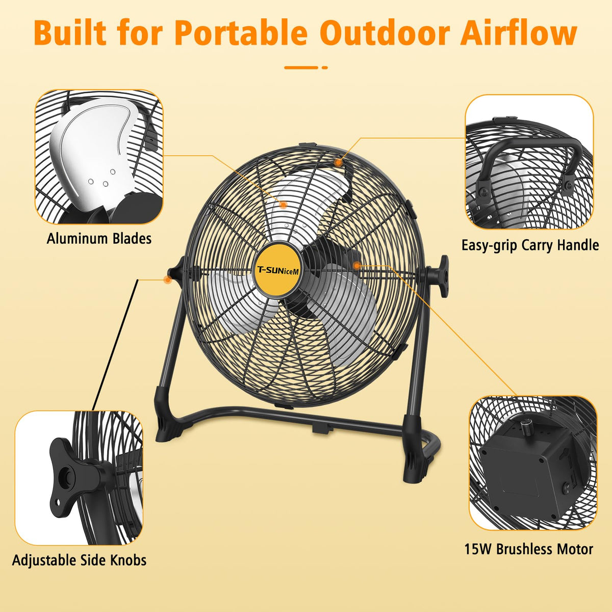 T-SUNiceM 12" Solar Powered Fan for Tent Camping, RV Trips & Patio, Rechargeable Cordless Floor Fan with Solar Panel, USB Output for Bedside Backup, Porch, Greenhouse, Chicken Coop