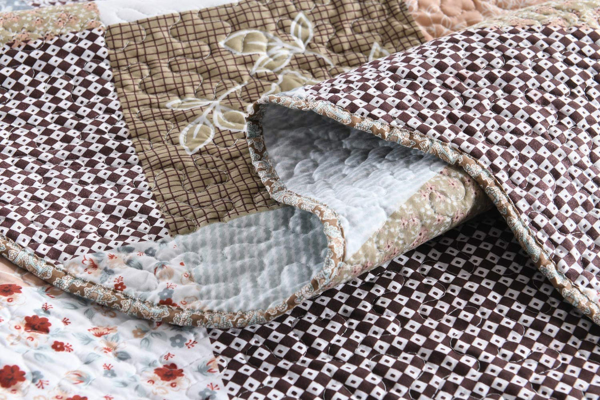 Travan 3-Piece King Quilt Set Quilted Bedspread Lightweight Reversible Coverlet Set Floral Printed Quilted Bedding Set with Shams for All Season, Brown Floral, King Size