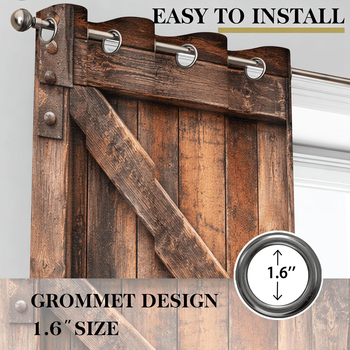 Warm Brown Rustic Barn Door Blackout Curtains, Vintage Wooden Texture Grommet Top Window Drapes, Thermal Insulated Room Darkening Curtains for Bedroom Farmhouse Cabin, 2 Panels Set, 37"W x 63"L