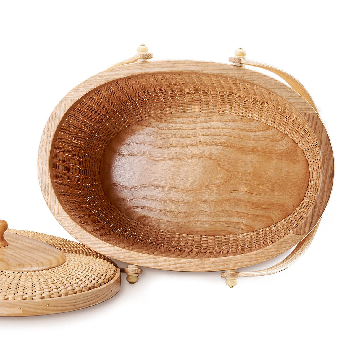 Teng Jin Nantucket Sewing Basket, Cane-on-cane Weave, Hard Ash, Oval, With Lid and Wood Handles