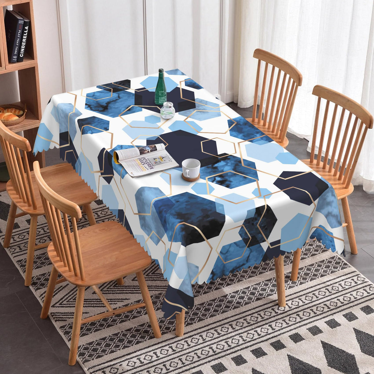 SIEDYCV Modern Blue Gold White Geometric Tablecloth, 60x102 Inch Elegant Hexagons Abstract Art Marble Texture Fabric Table Cloth,Waterproof Table Cover for Kitchen Dining Room Banquet Party Decor