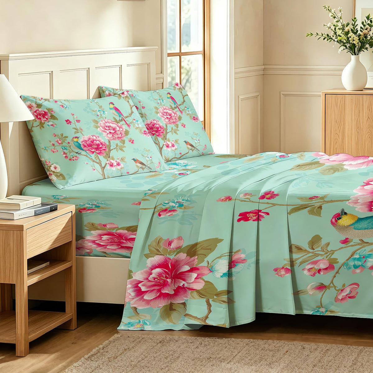 Bird and Peony Bedding Set 4 Pcs Chinoiserie King Sheets