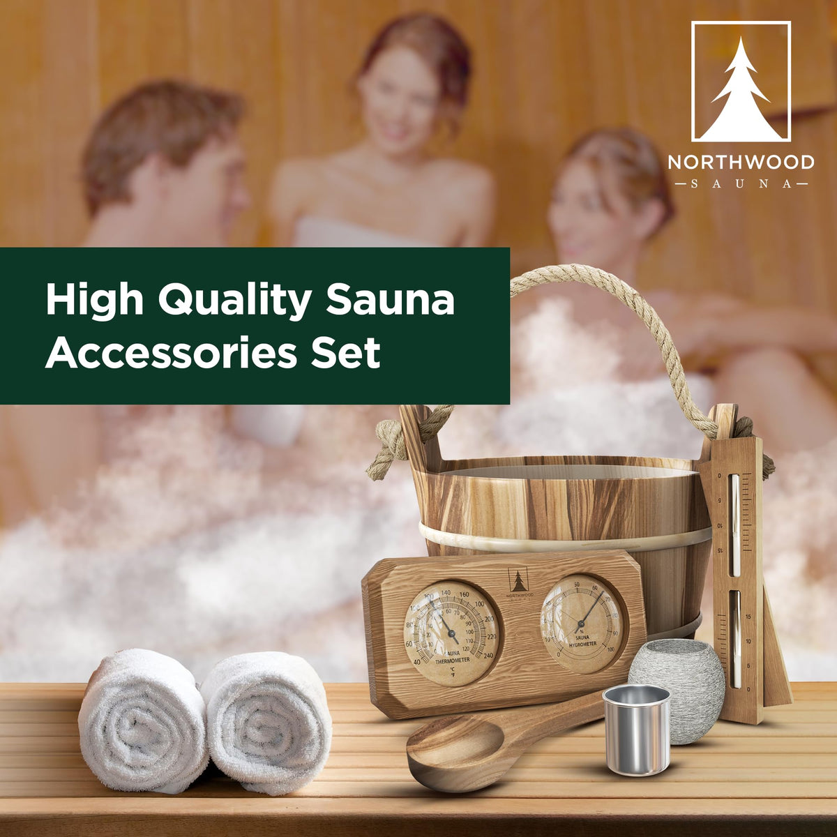 Northwood Sauna - Sauna Accessories Kit - Handmade from Canadian Red Cedar Wood - Core Set (Bucket & Ladle, Thermometer & Hygrometer, Sand Timer, Aromatherapy Cup)