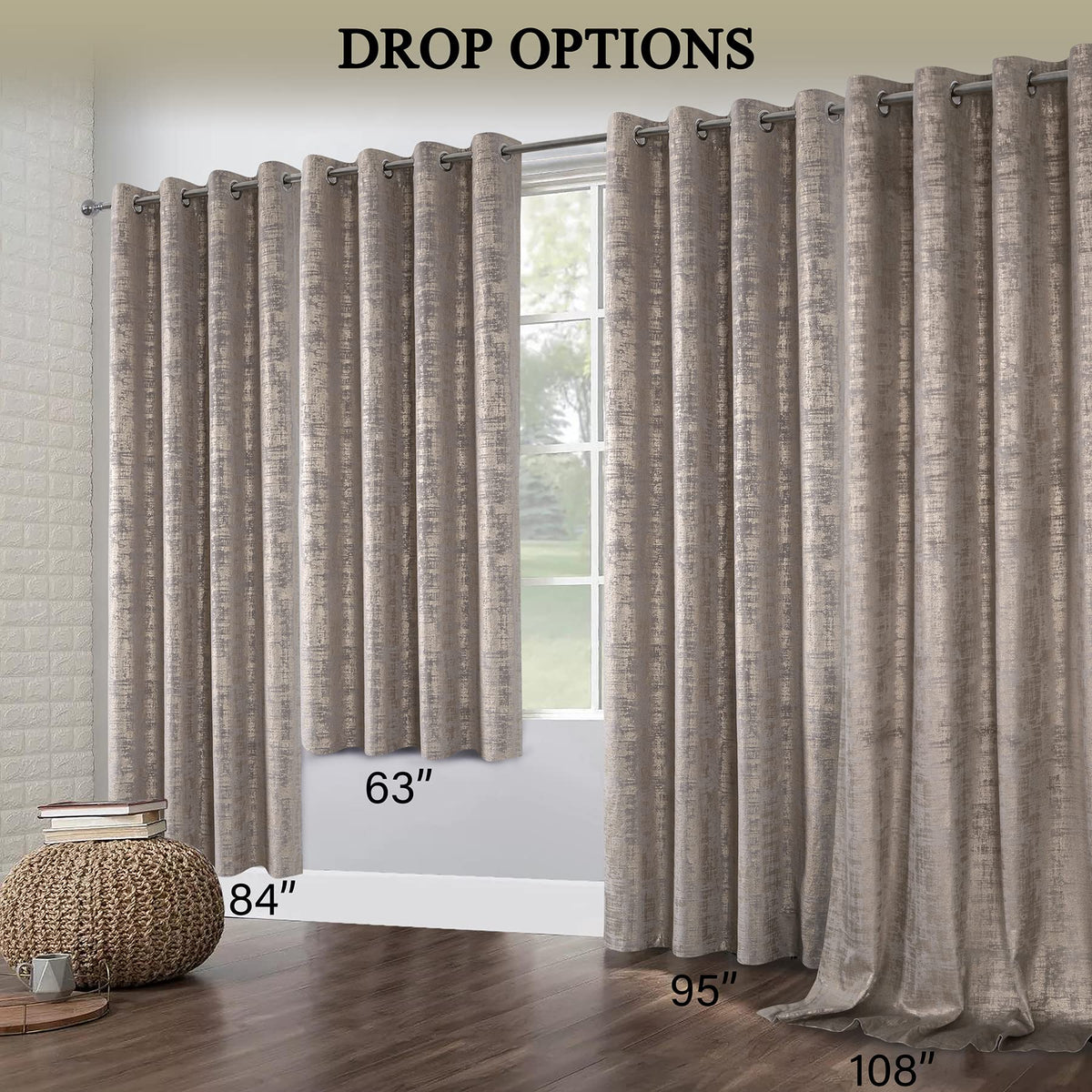 always4u Champagne Soft Velvet Curtains 108 Inch Length Long Luxury Bedroom Curtains Gold Foil Print Window Treatments for Living Room Bedroom Set of 2