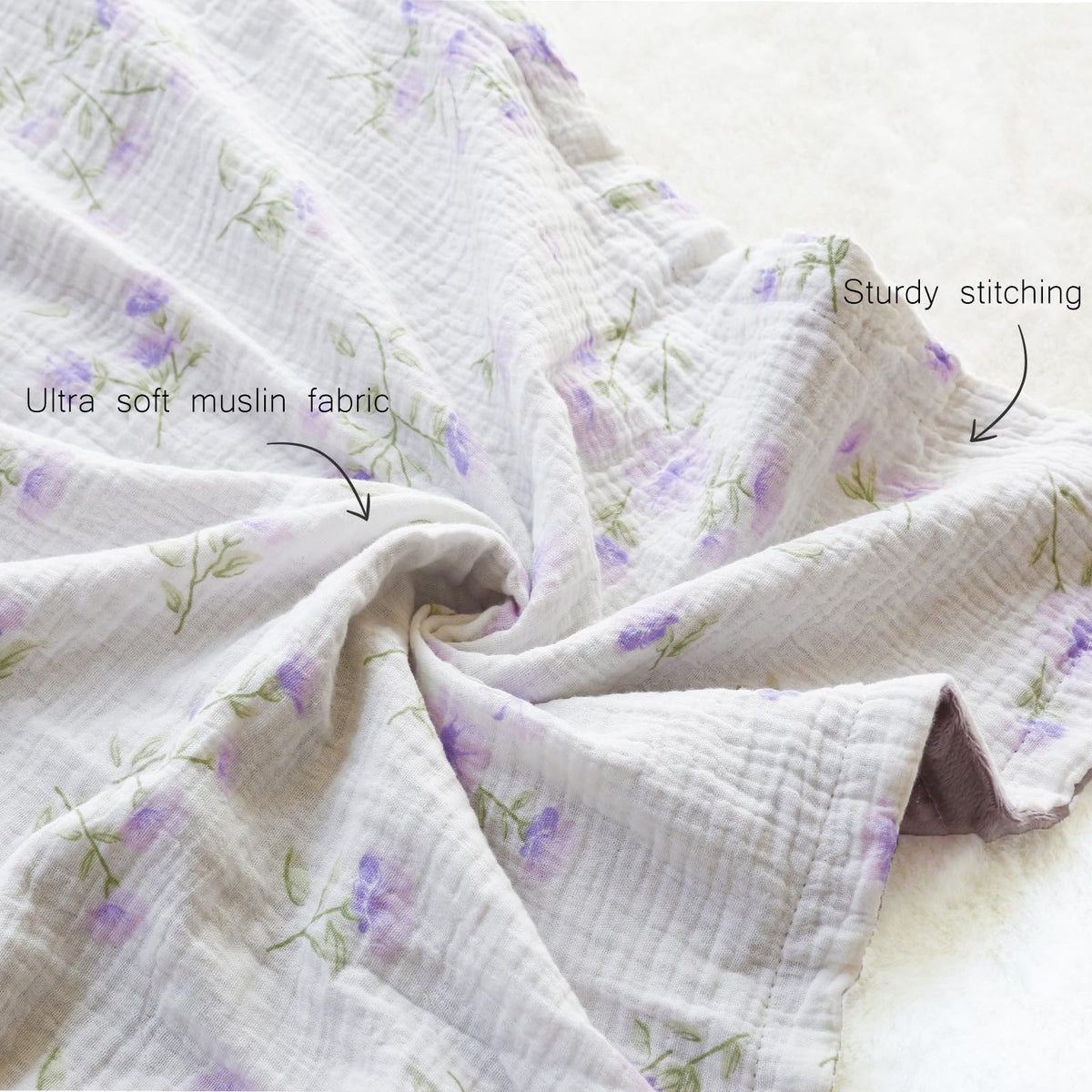 BOPRIO Baby Blankets for Unisex Boys Girls Super Soft Nursery Minky Blankets with Breathable Muslin Cotton Front and 3D Touch Dotted Fleece Backing, Floral Printed Bed Throws Newborn 30 x 40 Inch