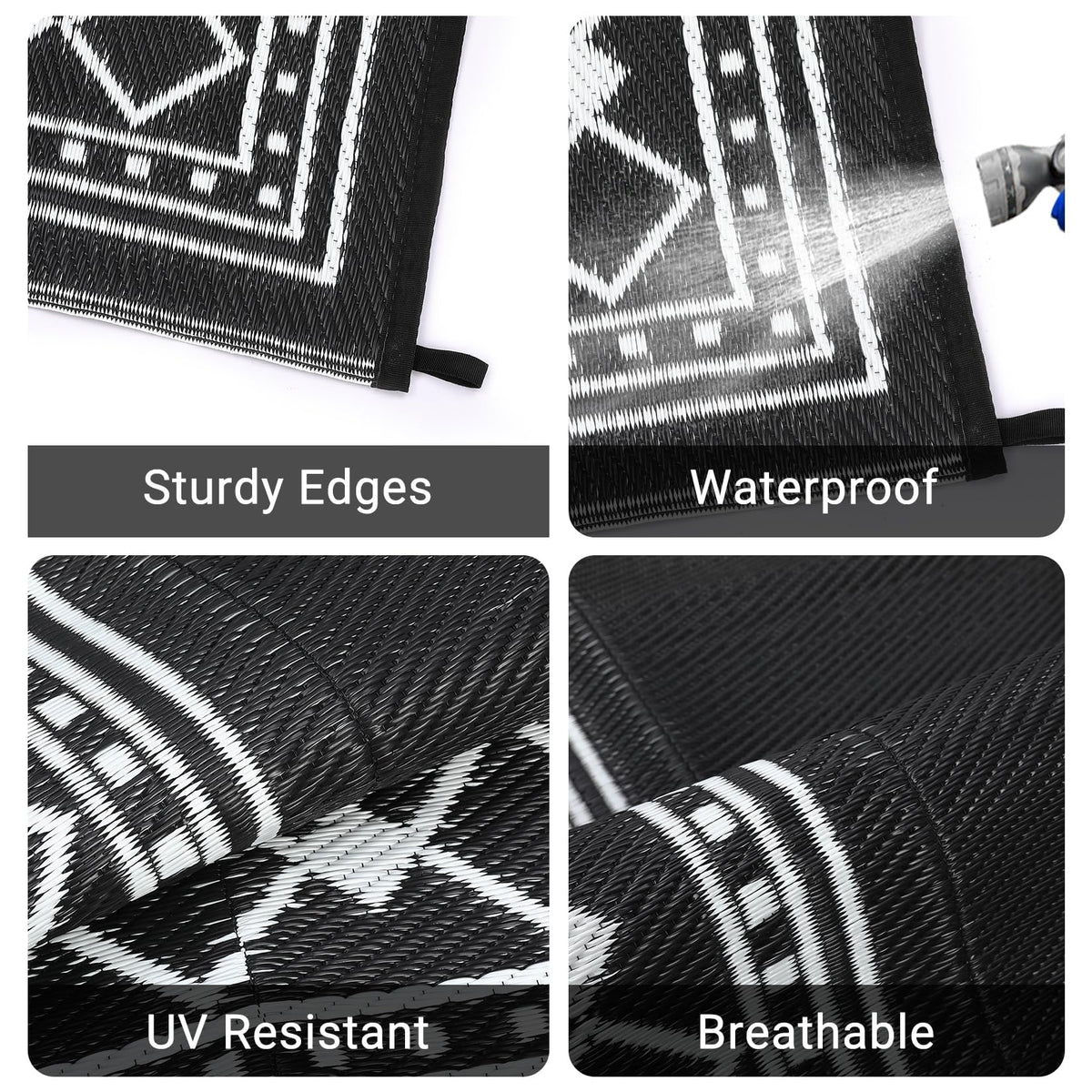 GlowSol 10x14 Outdoor Rug Waterproof Reversible Camping Mat, Plastic Straw Rug for RV Deck Backyard Porch Balcony Lawn & Beach, Easy Cleaning Outdoor Patio Rugs for Outside Decor, Black/White