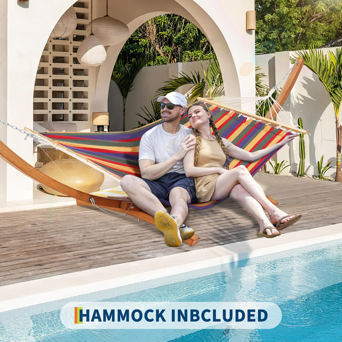 GarveeLife Wood Hammock Stand Only, Max 475 LBS, Heavy Duty Weatherproof Wood Hammock Stand for Outdoor, Indoor, Garden, Patio, Backyard, Curved