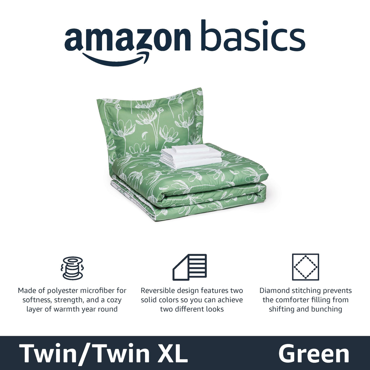Amazon Basics Lightweight Microfiber Comforter Set, 5-Piece, Bed-in-A-Bag, Twin/Twin XL, Green Floral