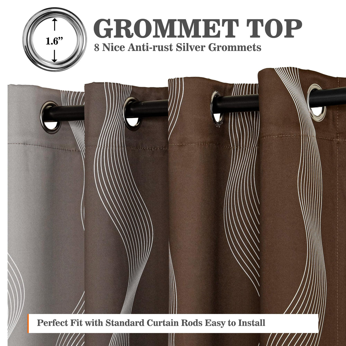 MYSKY HOME Brown and Greyish White 95% Blackout Ombre Curtains 63 inch Length 2 Panels for Bedroom Black Out Thermal Insulated Wave Line Foil Print Design Gradient Drapes for Office Classroom, W 52"
