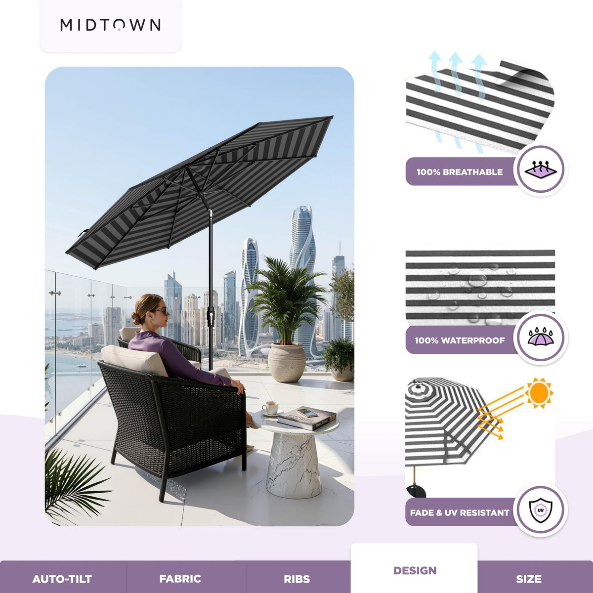 Midtown Umbrellas – The Swilt 9 Ft Patio Umbrella with 360° Swivel & Tilt Mechanism, Sunbrella Fabric & 8 Fiberglass Ribs – Outdoor Umbrella for Deck, Pool & Cafes – Black & White Canopy, Black Pole