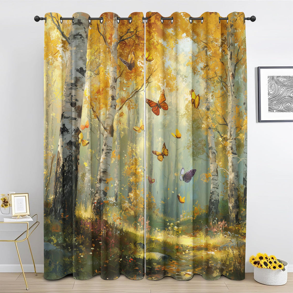 Fall Forest Curtains for Bedroom Living Room, Birch Tree Blackout Curtains 63 Inches Long, Autumn Landscape Drapes, Thermal Insulated Room Darkening Grommet Window Treatments 2 Panels