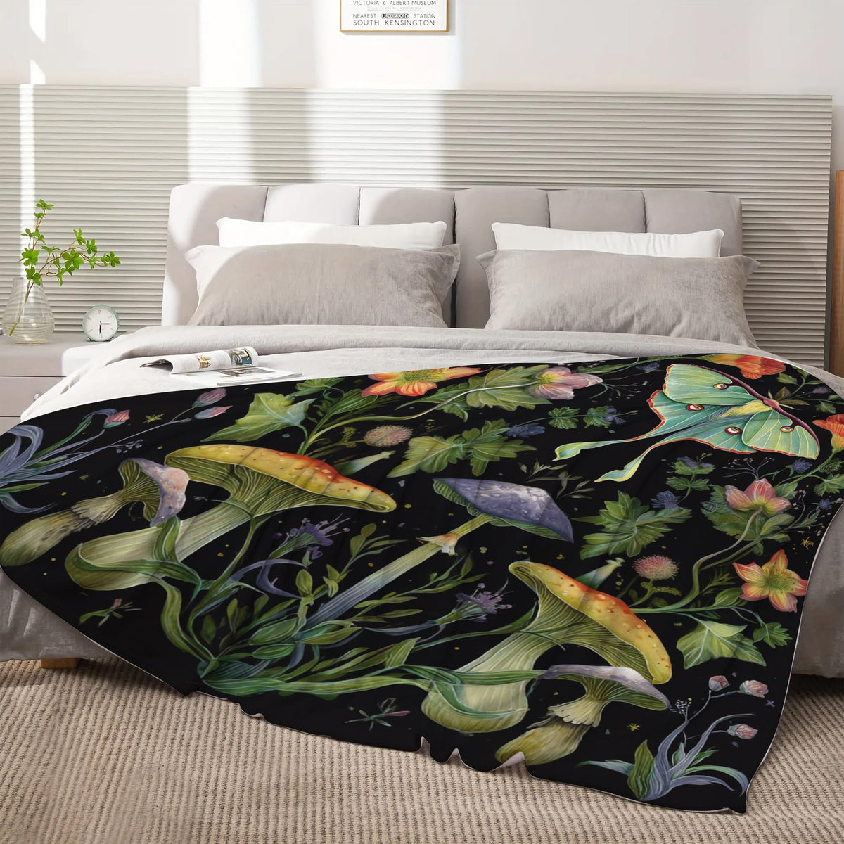 Yookeb Moth Gothic Flower Throw Blanket Butterfly Goth Mysterious Plant Botanical Witchy Soft Warm Gift Flannel Blanket for Couch Sofa Chair Bed or Dorm, 50 x 60 Inch