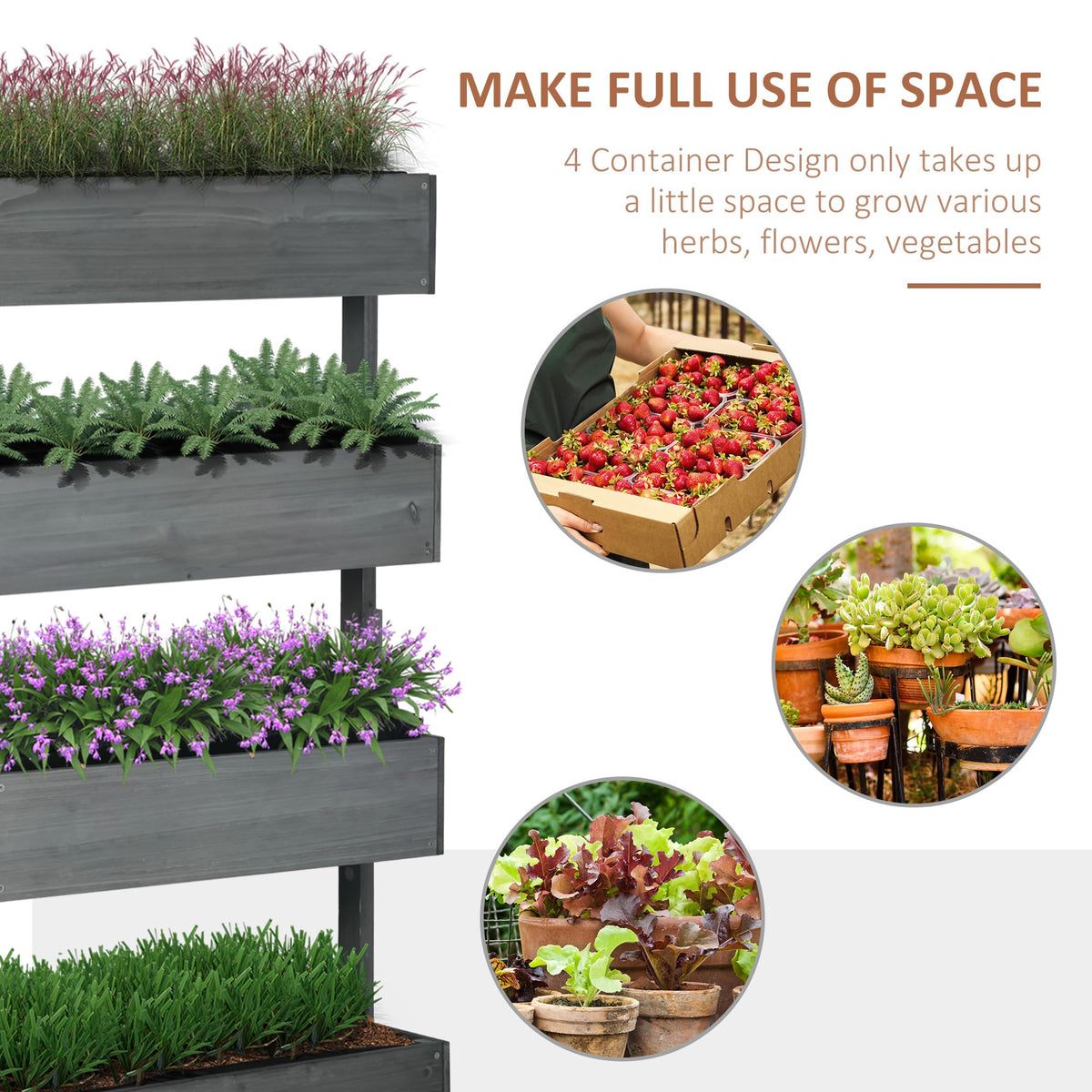 Outsunny Vertical 4 Tier Raised Garden Bed, Wooden Planter Box, Self-Draining with Bed Liner for Indoor Outdoor Flowers, Vegetables and Herbs, Gray