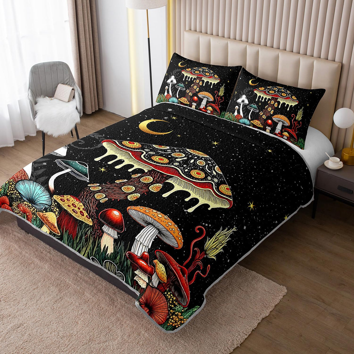 UEVBF Kids Mushroom Bedding Set King Size,Natural Wild Fungus Quilt Sets for Kids Boys Girls Room Decor,Botanical Plants Soft Lightweight Quilt Sets with 2 Pillowcases.