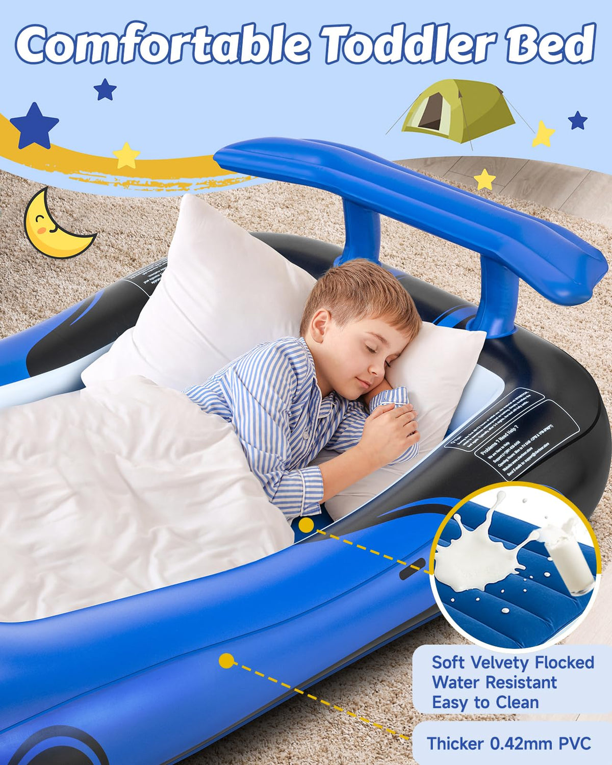 CHERIMOR Inflatable Toddler Travel Bed with Safety Bumpers & 2 Mins Auto Inflation Pump, Portable Toddler Kids Air Mattress with Carry Bag for Home Grandma's Sleepovers Travel Camping, 330lbs Support