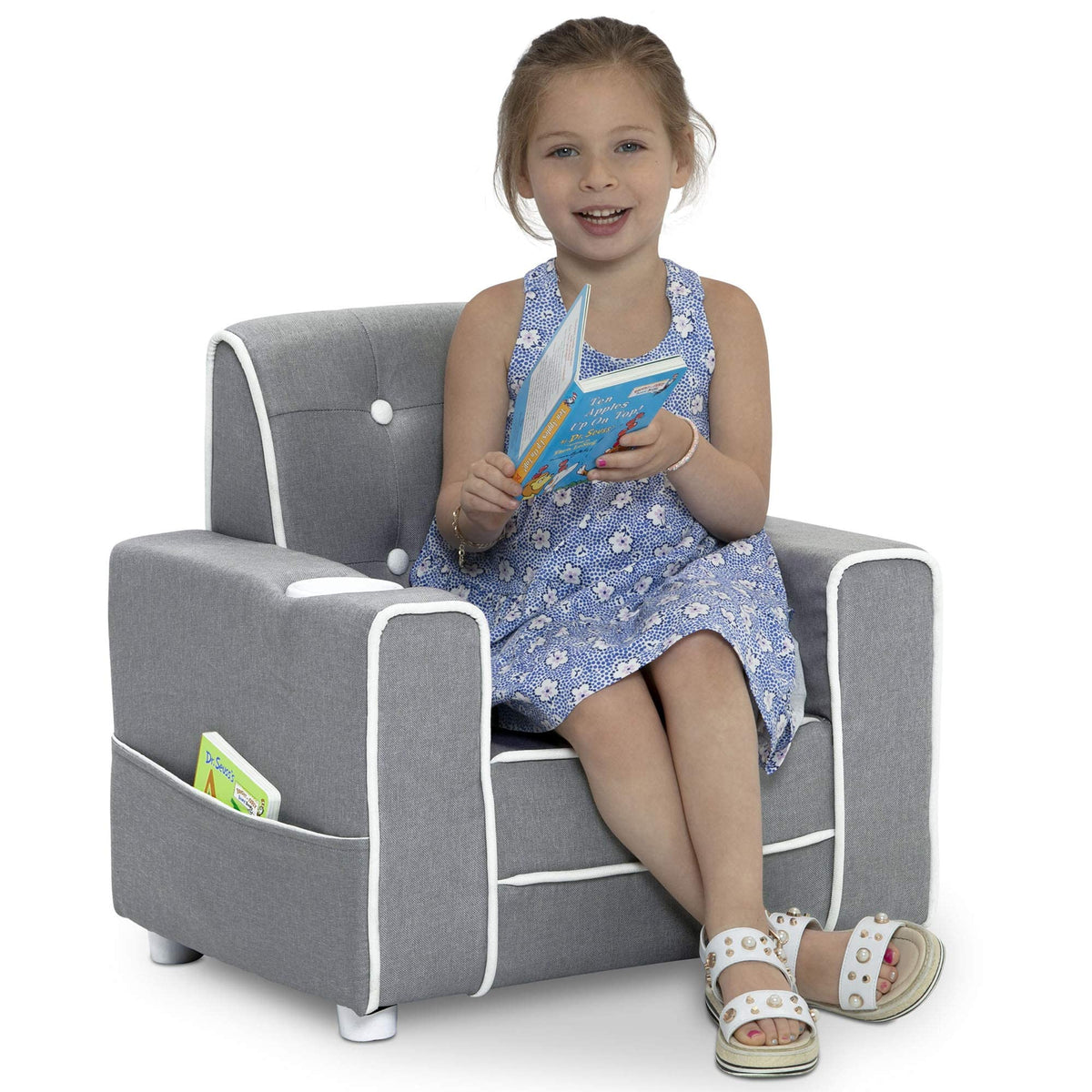 Delta Children Chelsea Kids Upholstered Chair with Cup Holder, Soft Grey