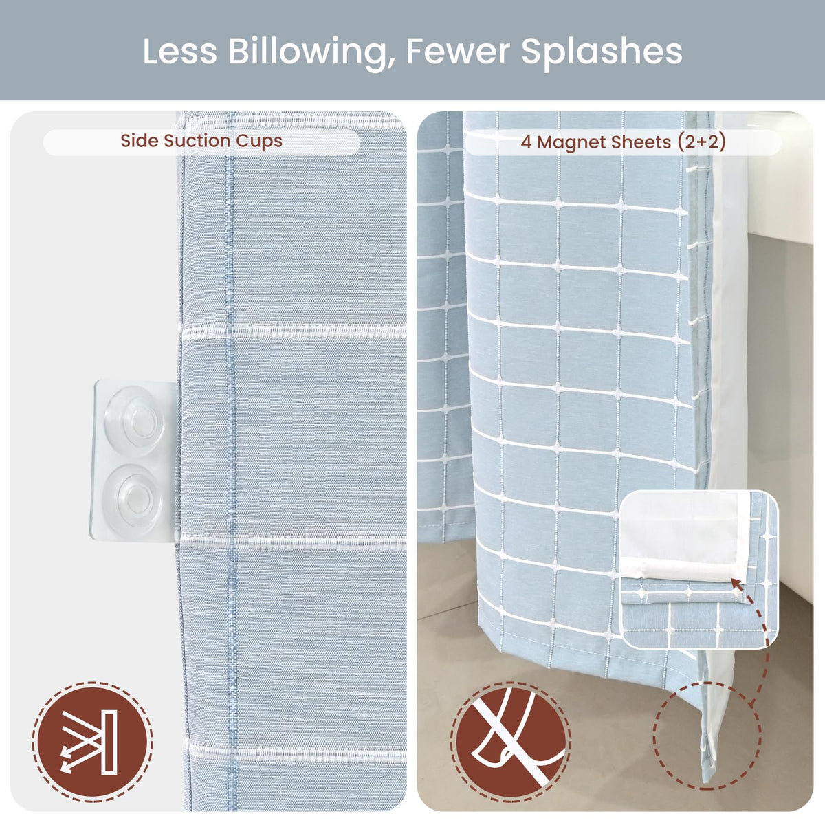 DRIFTED ROOT No Hook Shower Curtain Set with Snap-in Detachable Liner and Mesh Top Window, Grid Jacquard Fabric, Water-Repellent, 4 Hem Magnets, Side Suction Cups, Blue, 72 x 86 Inch