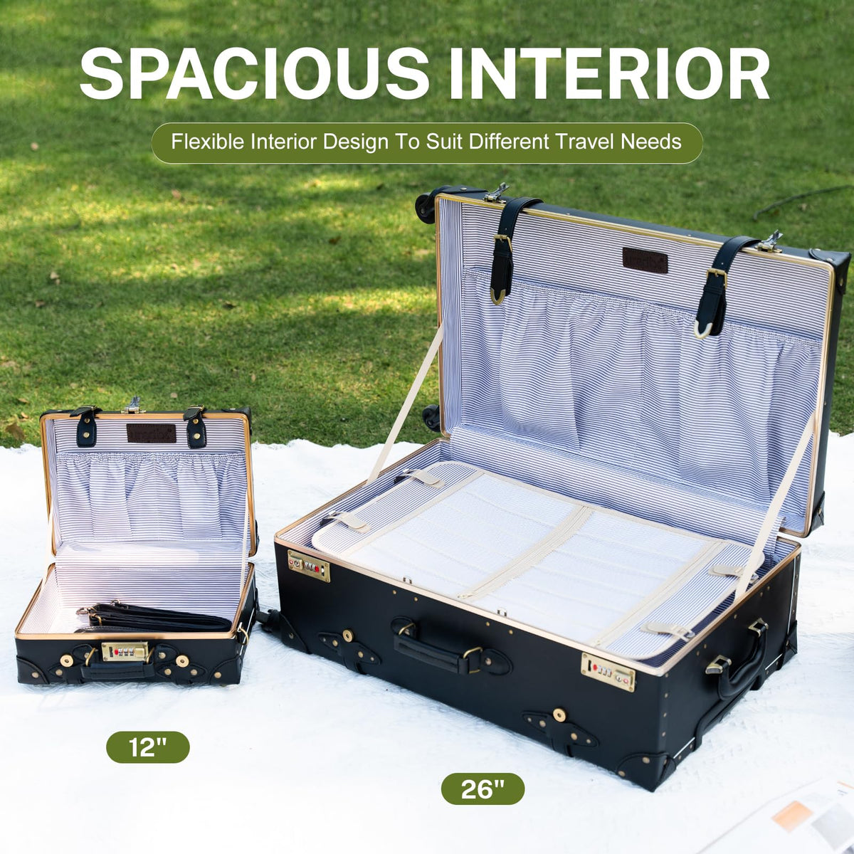 urecity Designer Vintage Trunk Combination Luggage Sets of 2 Piece, Hard Shell Retro Travel Suitcase with Wheels (Black, 20"+12")