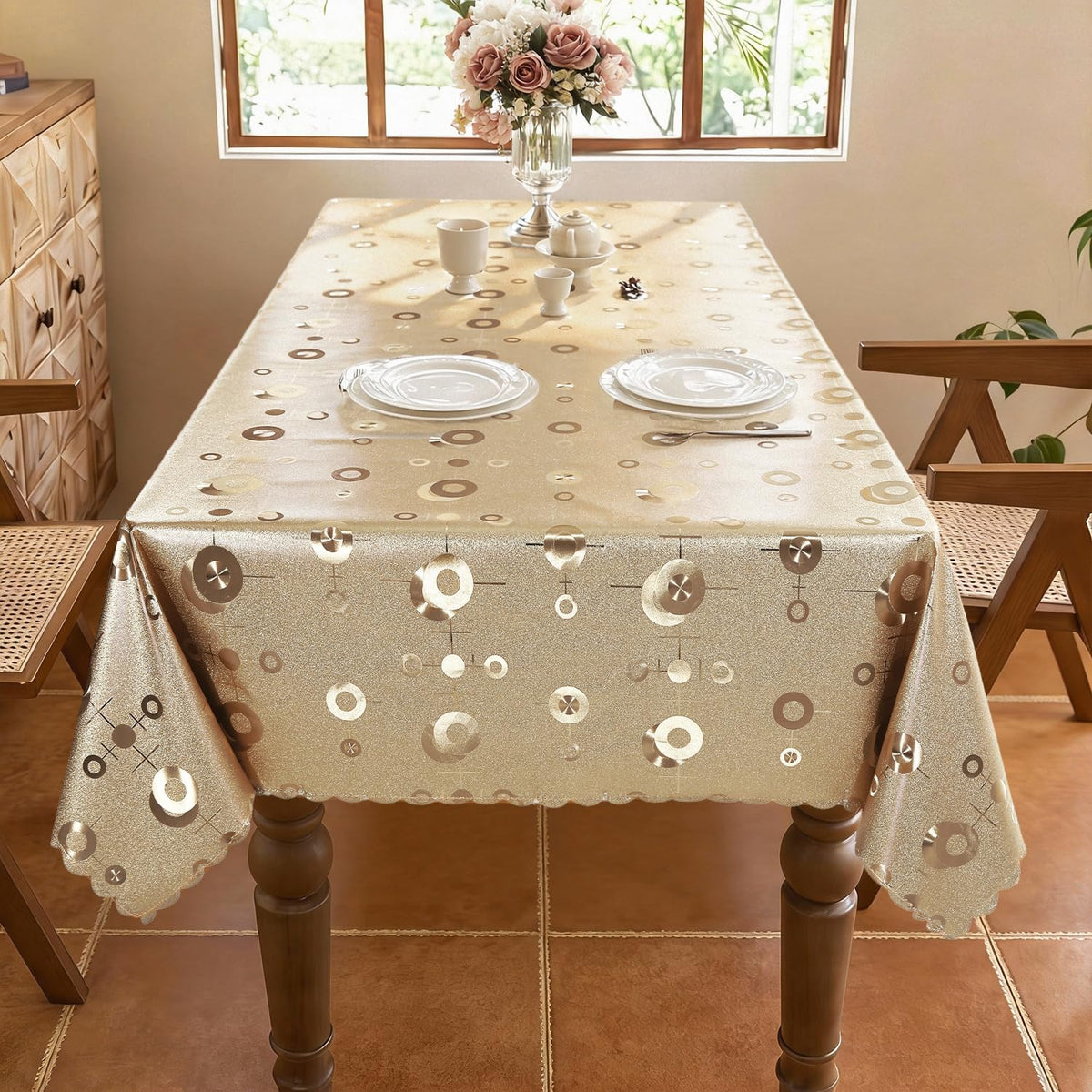 Heavy Duty Vinyl Tablecloths for Rectangle Tables 54x78 Inch Waterproof Oil-Proof Stain-Resistant TableCloth Gold Coin Pattern Washable Decorative Table Cover for Dining Event Camping Party Restaurant