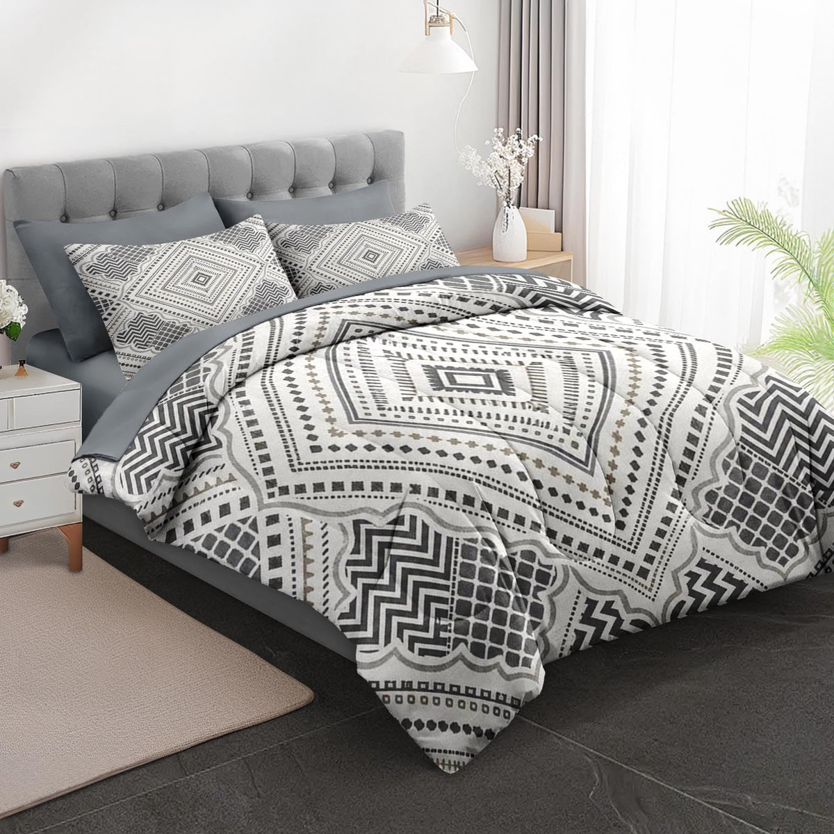 Boewywh Comforter Set Twin Size Boho Geometric Aztec 7 Pcs, Bedding for Kids and Adults, Farmhouse Grey Bed Sheet Sets with Fitted Sheet 2 Pillowcases & 2 Shams for Bedroom Bed Decor