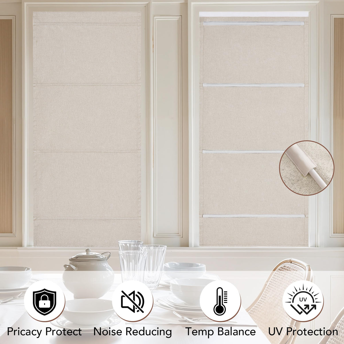 NICETOWN 100% Blackout French Door Curtain with Adhesive Top & Magnetic Lift, No Drill Cordless Roman Shade for Doors, W24 x L72 in, Faux Linen Privacy & Thermal Shade for Living Room Kitchen, 1 PC