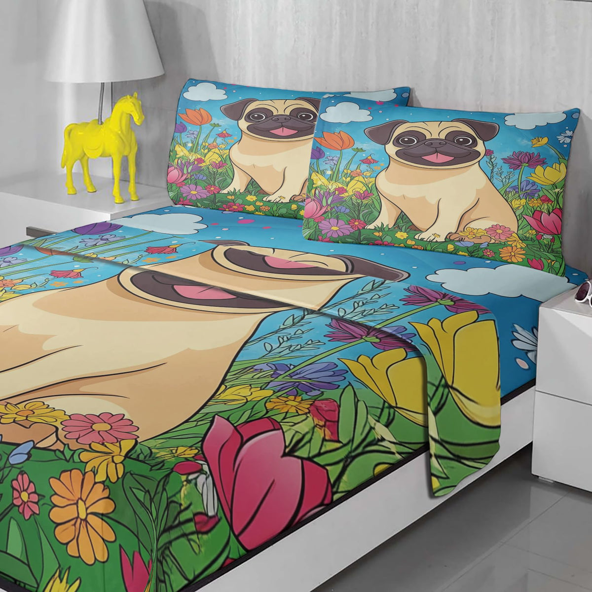 Rejkxyw King Size Sheets Set Cartoon French Bulldog - Puppy Dog Bed Sheets - Kids Boys Girls Sheet Set - 12 Inch Deep Pocket - Ultra Soft Winkle Free Microfiber Bedding Sheets & Pillowcases 4 Piece