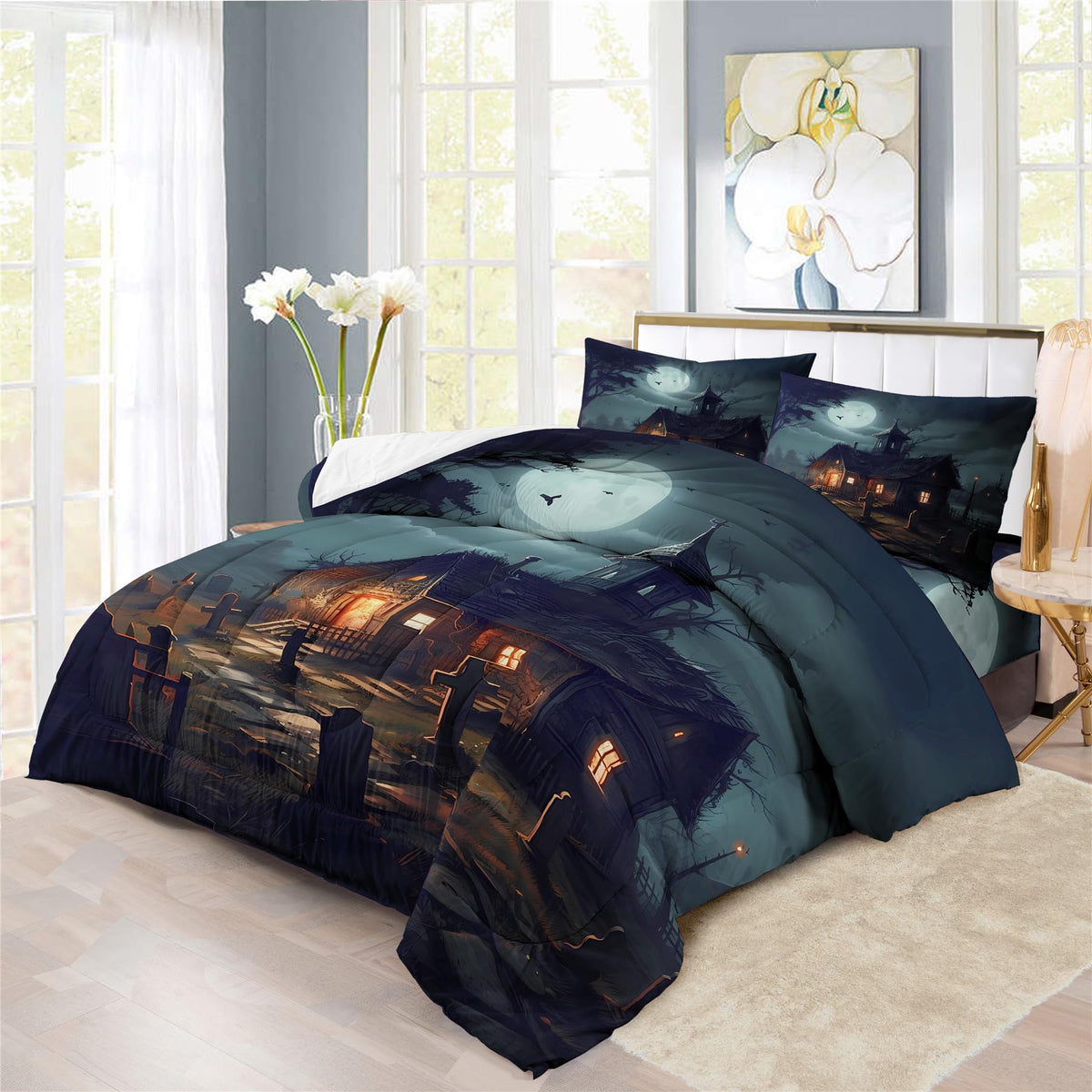 Halloween Haunted House Design Comforter Set | Horror Festive Spooky Manor Prints Bedding Set | with Soft Comforter+2 Pillow Shams(3PCS) or Sheet (4PCS) (D,Queen-3PCS)