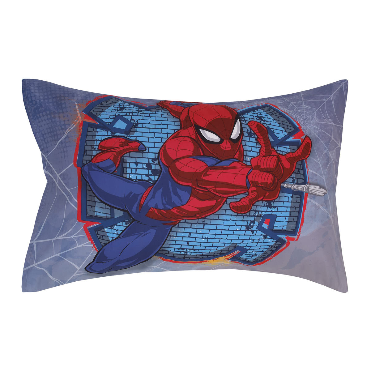 Disney Marvel Spiderman Wall Crawler Red, White, and Blue Spider Webs 4 Piece Toddler Bed Set - Comforter, Fitted Bottom Sheet, Flat Top Sheet, and Reversible Pillowcase