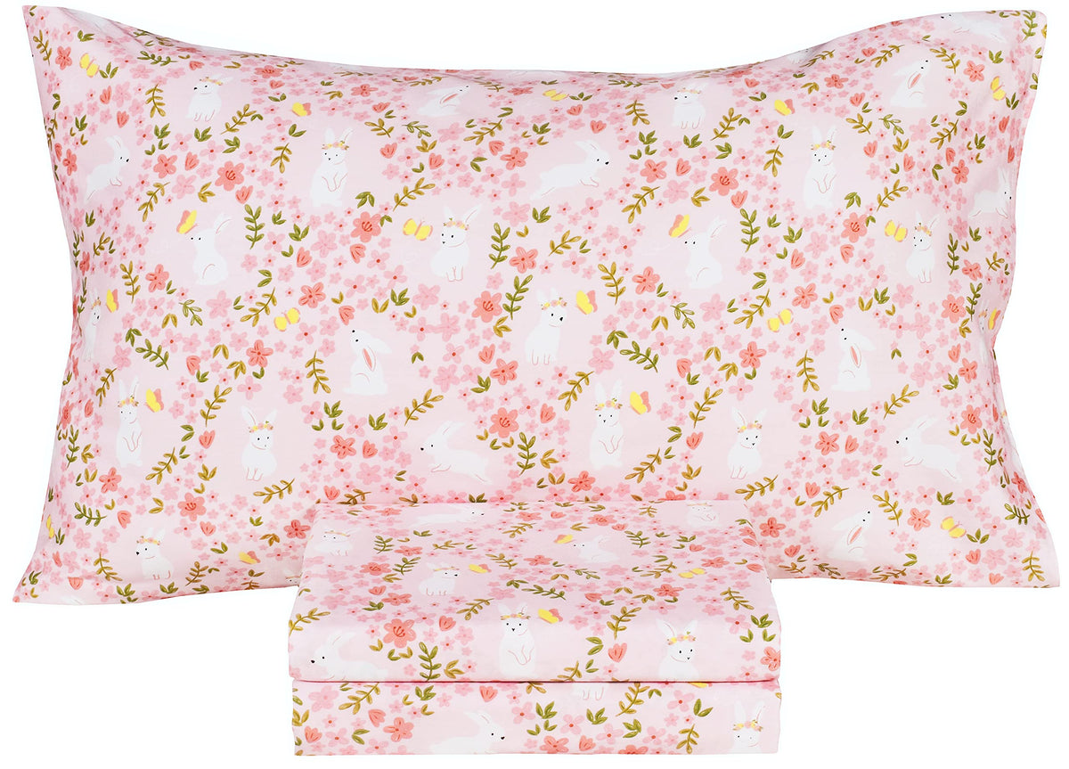 Scientific Sleep Pink Flower Rabbit Bunny 100% Cotton 3 Pcs Twin Bed Sheet Set Kids Toddler Teen, Flat Sheet & Fitted Sheet & Pillowcase Kids Bedding Set (Rabbit Flower, Twin)