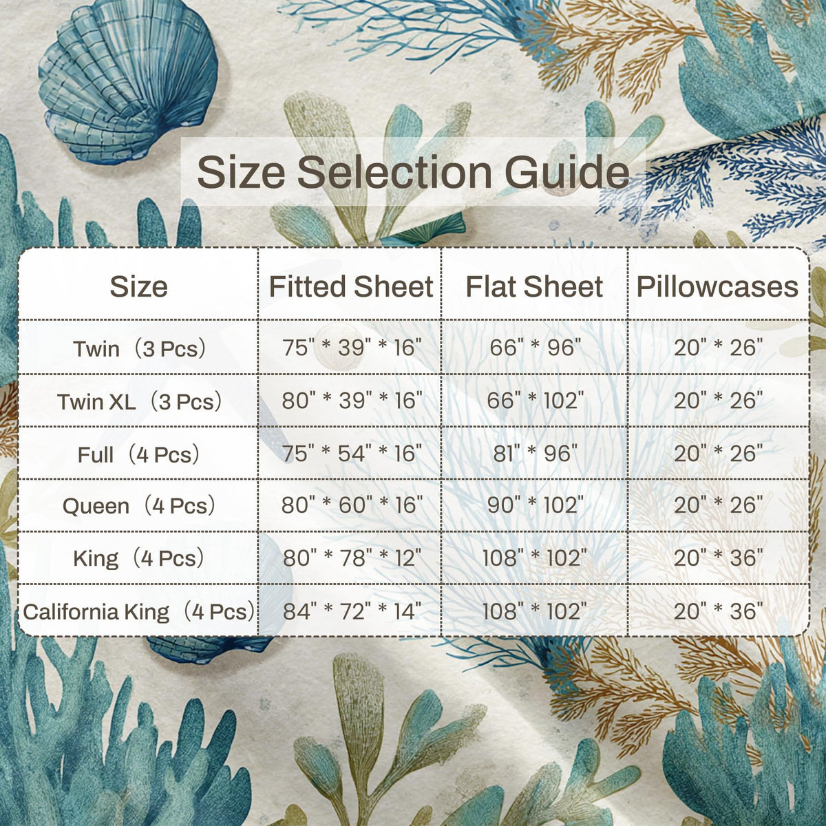 Seashell Coral Full Sheet Set 4 Pcs Coastal Bed Sheets