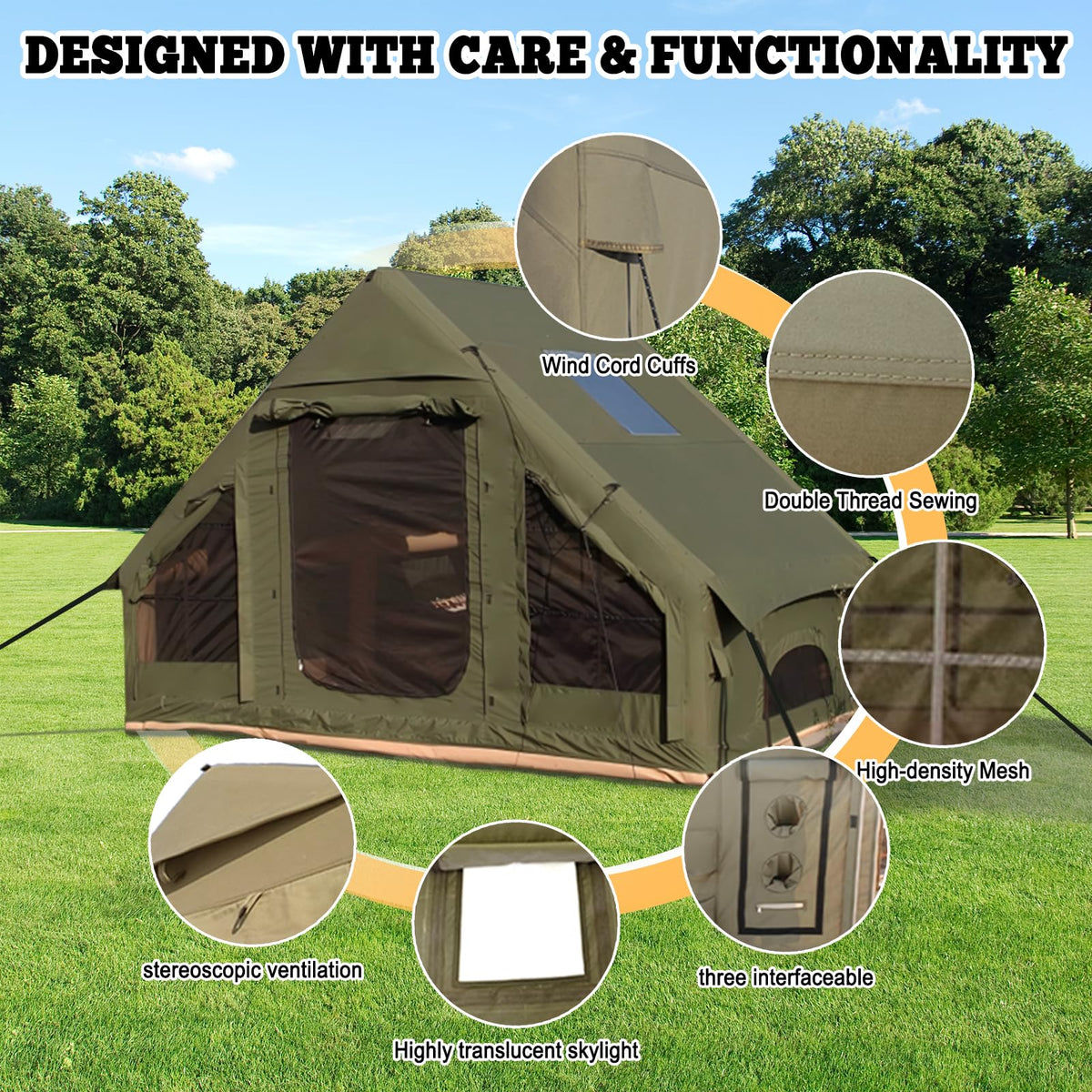 Inflatable Tent, Outdoor Easy Setup Inflatable Tents for Camping, Portable Blow Up Tent with Stove Jack, Cotton Canvas Material for Glamping, for 4 Season, 4/6/8/10 Person Use
